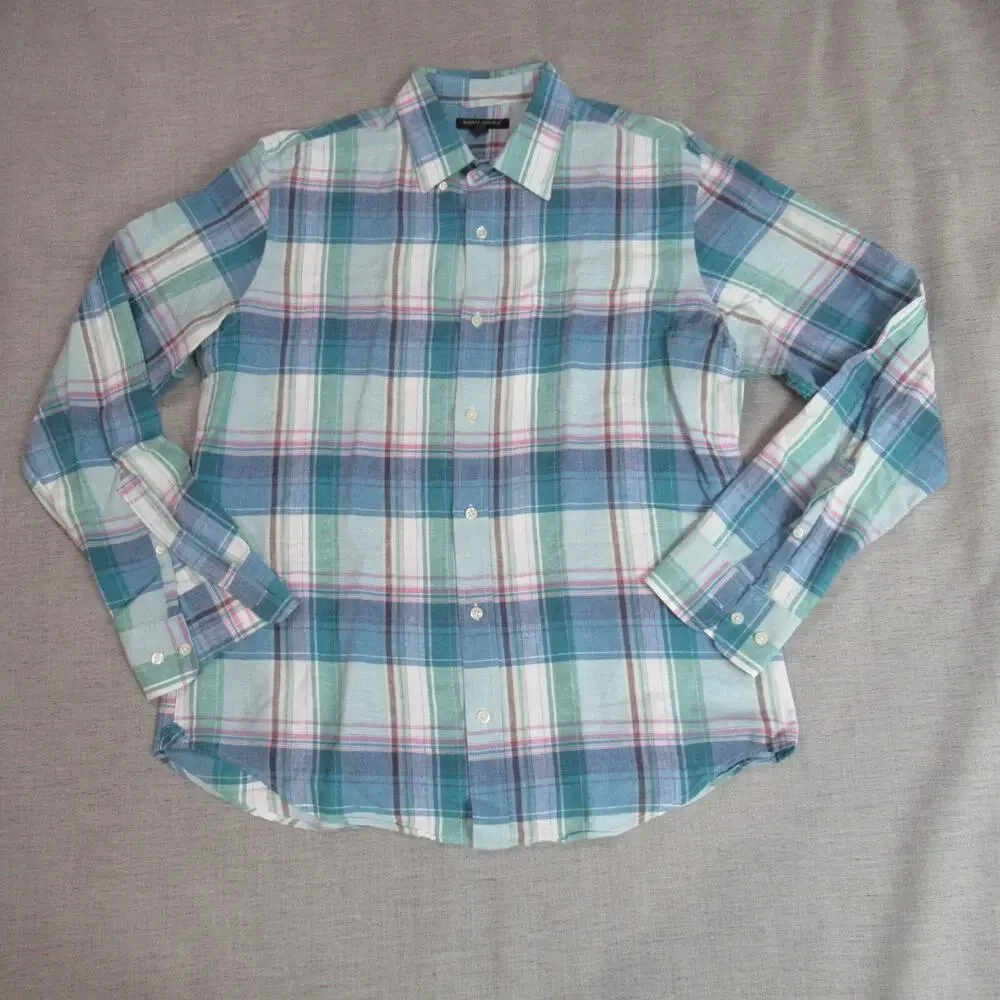 Banana Republic Shirt Mens L Blue Pink Plaid Button Up Linen Long Sleeve Preppy